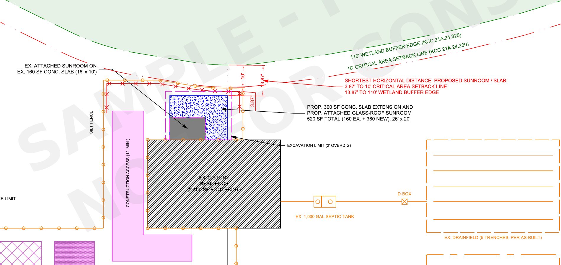 Detail of the sheet: the proposed slab with dimensions of 3.87 ft to the setback line and 13.87 ft to the buffer edge