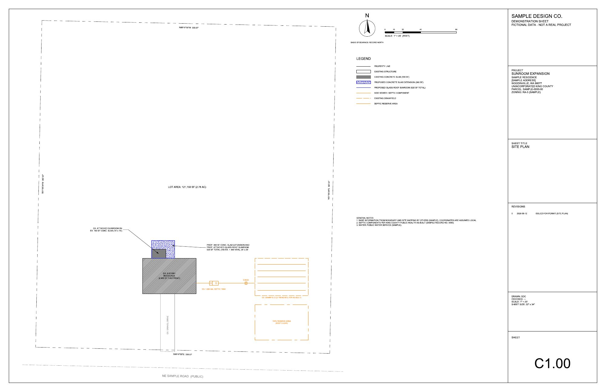 Revision 0: the existing site plan with house, septic system and property lines